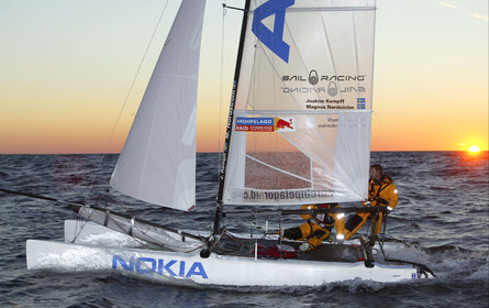 03_3257D © Th.Martinez,STOCKHOLM ARCHIPELAGO SWEDEN, 10 07 03-Archipelago Raid (2003)  Day 3..Team NOKIA-Kempff  Magnus Nordstrom (SWE)& Joakim Kempff (SWE) sailing in sunset light on the way back from Finland to Sweden.