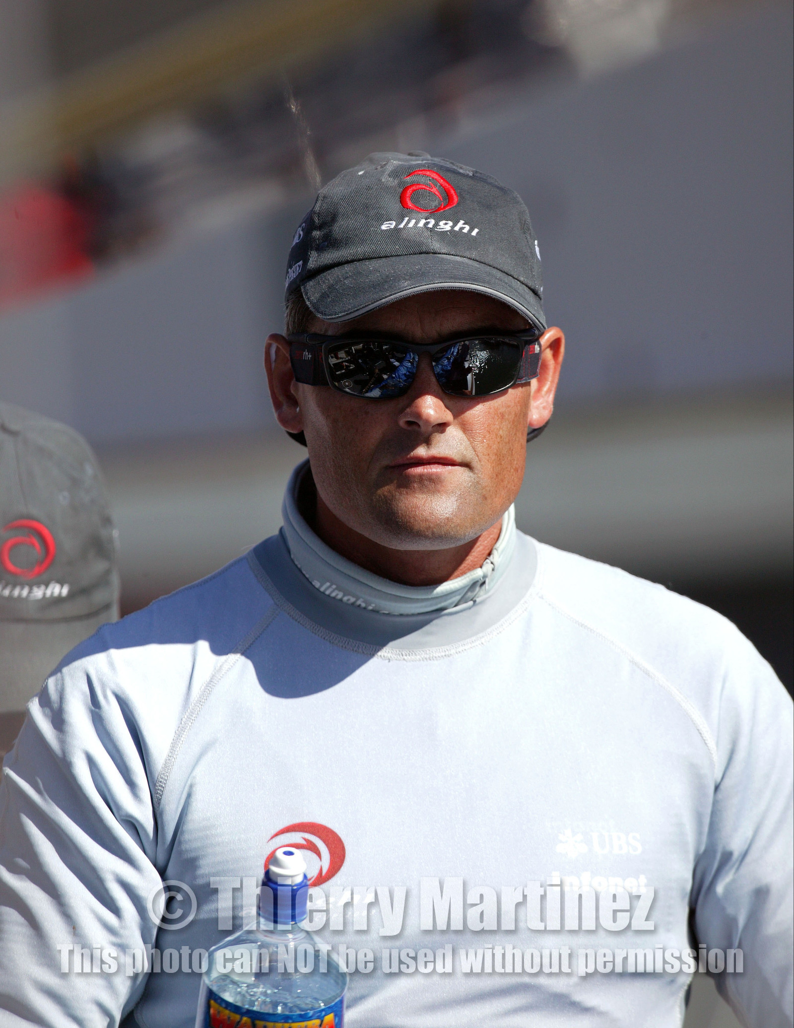 03_0931D © Th.Martinez  Auckland   New Zealand. 16 February 2003. .America's Cup Day 2. Alinghi (SUI64) vs Team New Zealand (NZL82) R.Coutts onboard SUI64 ready for race 2 .of the  America’s Cup.