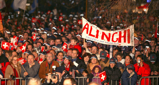 03_2257D ©Th.Martinez. Geneva , Switzerland. America's Cup 2003. 8th March 2003.Alinghi Team winner of America's Cup 2003..Welcome to Alinghi Team in Geneva. Alinghi supporters at La Rotonde..
