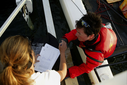 03_3169D  © Th.Martinez,STOCKHOLM ARCHIPELAGO - SWEDEN8 07 03-Archipelago Raid (2003)  Day 1.OMEGA Ellen MacArthur (UK) signing at HQ of leg 1 .