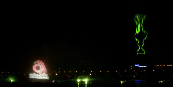03_2265D ©Th.MartinezTeam .Geneva , Switzerland. America's Cup 2003. 8th March 2003.Alinghi Team winner of America's Cup 2003..Welcome to Alinghi Team in Geneva.Firework and laser show by the lac...