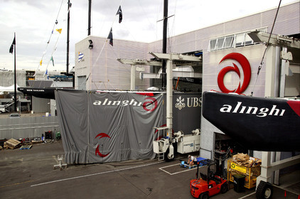 03_1066D © Th.Martinez Auckland   New Zealand. 24th February 2003  America's Cup 2003. Day 4, Race cancelled lack of wind. Alinghi (SUI64) vs Team New Zealand (NZL82)For fourth times in row race day 4 of the America's Cup 2003 have been cancelled. The two race boat have been left in sheds. In foreground SUI 64, SUI 75 with her skirt, and Team NZ 's boats NZL 81 & NZL 82..