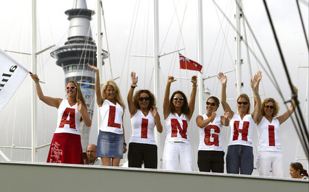 03_1161D © Th.Martinez . Auckland   New Zealand. 1st March 2003 America's Cup 2003.  Day 5 had been cancelled, to enough wind. Alinghi (SUI64) vs Team New Zealand (NZL82). .Alinghi's fans supporting SUI 64 crew on the way out of Viaduc bassin.