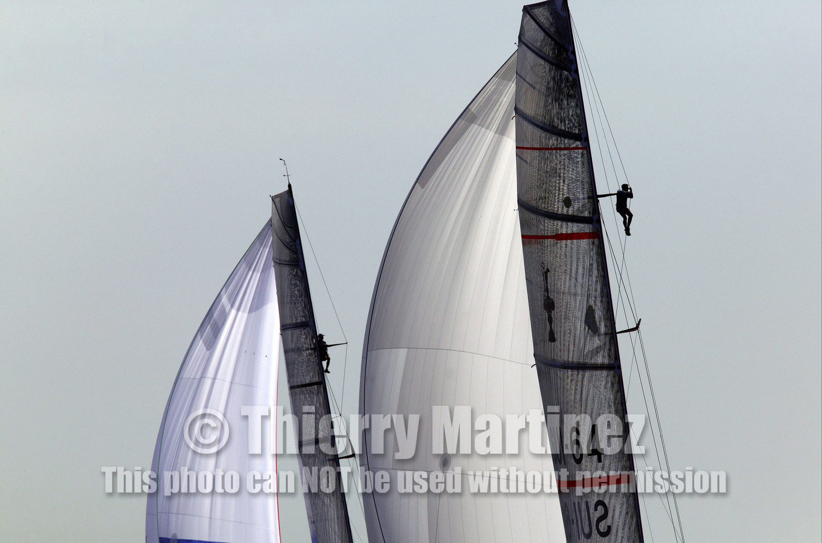 03_0950D © Th.Martinez  Auckland   New Zealand. 16 February 2003 America's Cup 2003, Day 2.Alinghi (SUI64) vs Team New Zealand (NZL82) Murray Jones in the mast looking for breeze on the course