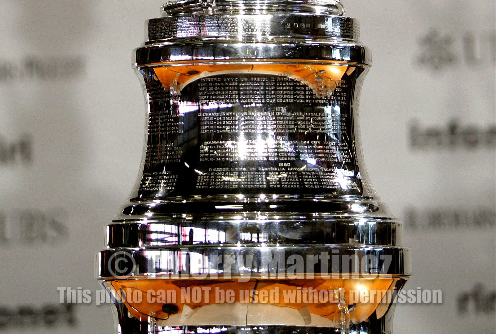 03_2218D ©Th.Martinez Team .Geneva , Switzerland. America's Cup 2003. 8th March 2003.Alinghi Team winner of America's Cup 2003, arriving in Geneva Airport with thE America's Cup..The CUP during Geneva Airport Press conference....