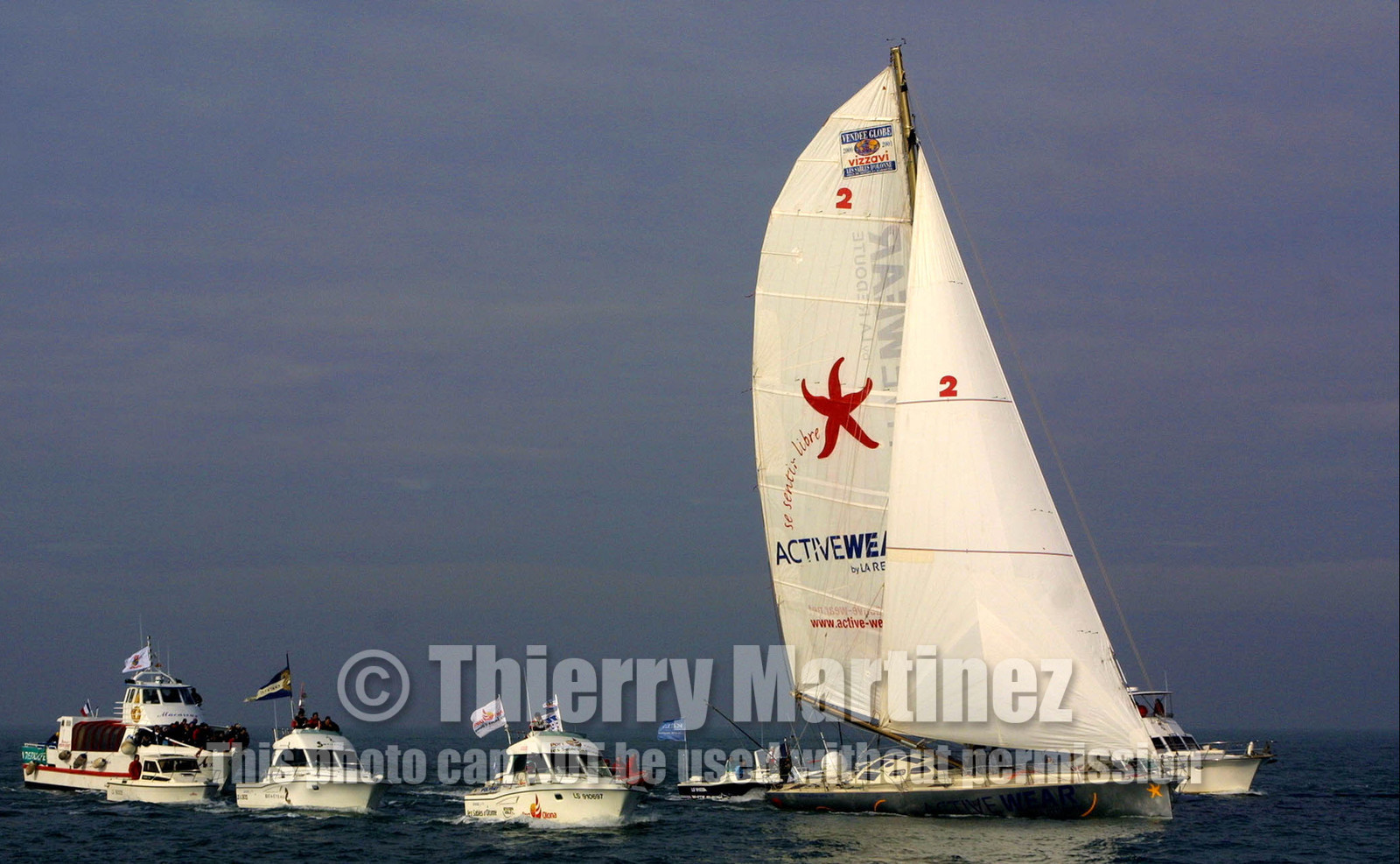 ©ThMartinez. Vendee Globe Finish.20th Feb 2001 Les Sables d'Olonne (FRA).Marc Thiercelin (FRA) ACTIVEWEAR finishing 4th in 103 days 20h 37mn 49s.