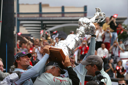 03_1424D © Th.Martinez . Auckland   New Zealand. 2nd March 2003 America's Cup 2003. Day 5, Alinghi (SUI64) vs Team New Zealand (NZL82). .Alinghi winner of the 31st America's Cup (5-0). Docking ceremony, presentation of the America's Cup in the Viaduct Bassin.Alinghi skipper