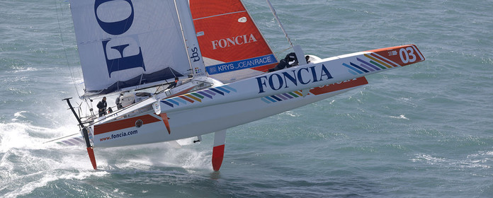 MOD70 FONCIA , skipper Michel Desjoyeaux (FRA) au large des Glénans ( FRA).